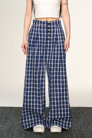 Vintage Plaid Button-Up Casual Pants for Women - Summer Loose Relaxed Wide-Leg Trousers, American Style Fashion