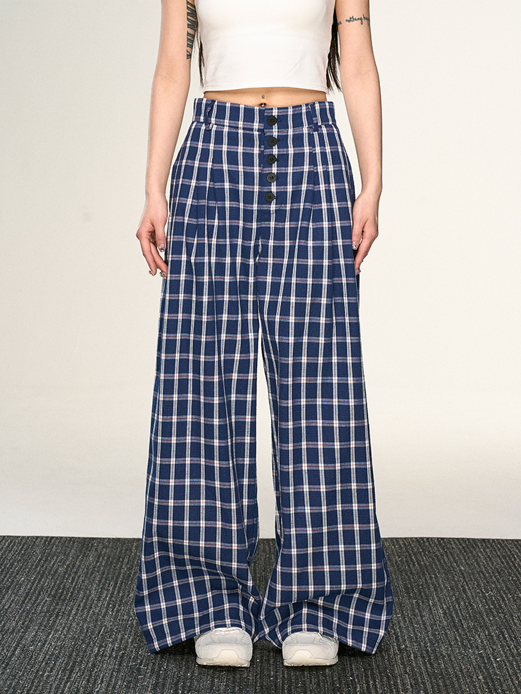Vintage Plaid Button-Up Casual Pants for Women - Summer Loose Relaxed Wide-Leg Trousers, American Style Fashion Vintage Plaid Button-Up Casual Pants for Women - Summer Loose Relaxed Wide-Leg Trousers, American Style Fashion