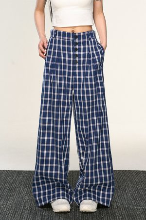 Vintage Plaid Button-Up Casual Pants for Women - Summer Loose Relaxed Wide-Leg Trousers, American Style Fashion