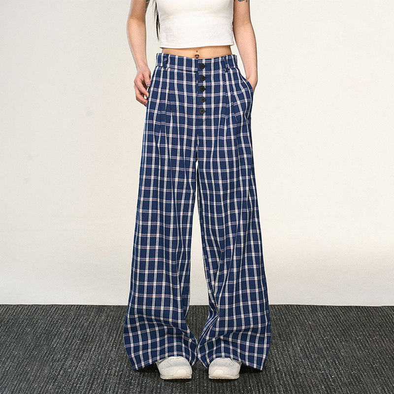 Vintage Plaid Button-Up Casual Pants for Women - Summer Loose Relaxed Wide-Leg Trousers, American Style Fashion Vintage Plaid Button-Up Casual Pants for Women - Summer Loose Relaxed Wide-Leg Trousers, American Style Fashion