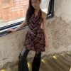Vintage Plaid Halter Neck Dress for Women - V-Neck, Backless, Multi-Pleated, Spaghetti Strap, Mid-Short Swing Skirt, Y2K Style
