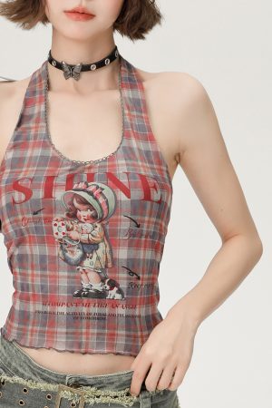 Vintage Plaid Halter Top for Women - Slim Fit Summer Style, Sweet Cool Look, Perfect for Hot Girl Fashion