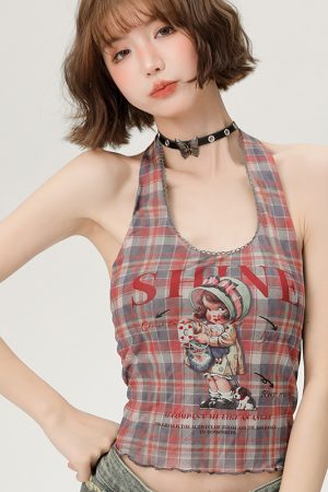 Vintage Plaid Halter Top for Women - Slim Fit Summer Style, Sweet Cool Look, Perfect for Hot Girl Fashion