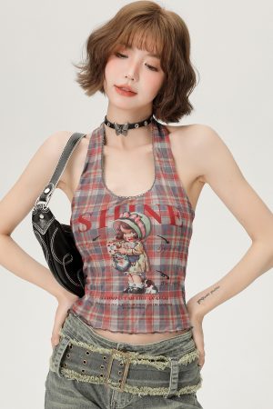 Vintage Plaid Halter Top for Women - Slim Fit Summer Style, Sweet Cool Look, Perfect for Hot Girl Fashion