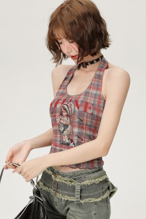 Vintage Plaid Halter Top for Women - Slim Fit Summer Style, Sweet Cool Look, Perfect for Hot Girl Fashion