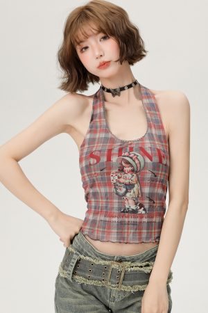 Vintage Plaid Halter Top for Women - Slim Fit Summer Style, Sweet Cool Look, Perfect for Hot Girl Fashion