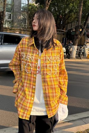 Vintage Plaid Long Sleeve Shirt Jacket for Women, Pearl Letter Casual Top in Dopamine Yellow, Spring Fashion 90s Style
