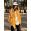 Vintage Plaid Long Sleeve Shirt Jacket for Women, Pearl Letter Casual Top in Dopamine Yellow, Spring Fashion 90s Style