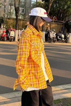 Vintage Plaid Long Sleeve Shirt Jacket for Women, Pearl Letter Casual Top in Dopamine Yellow, Spring Fashion 90s Style
