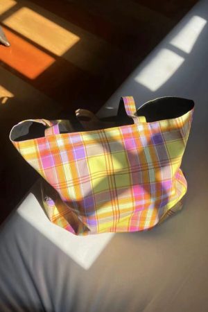 Vintage Plaid Orange Large Capacity Canvas Shoulder Bag - Versatile Commuter Tote for Fashion Lovers