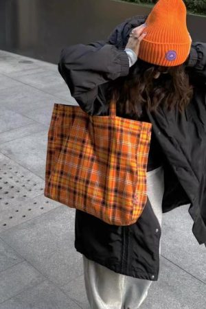 Vintage Plaid Orange Large Capacity Canvas Shoulder Bag - Versatile Commuter Tote for Fashion Lovers