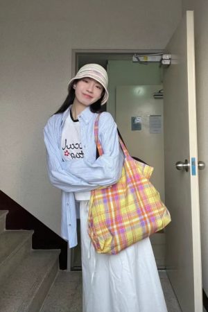 Vintage Plaid Orange Large Capacity Canvas Shoulder Bag - Versatile Commuter Tote for Fashion Lovers