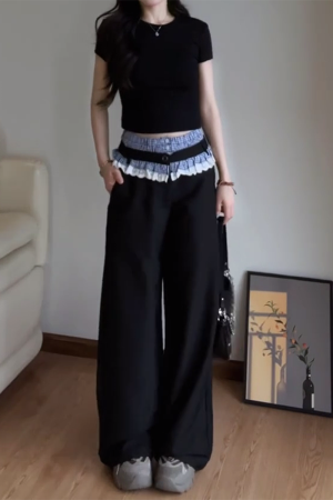 Vintage Plaid Patchwork Lace Suit Pants for Women - Loose Straight-Leg Wide-Leg Trousers for Spring and Autumn Fashion