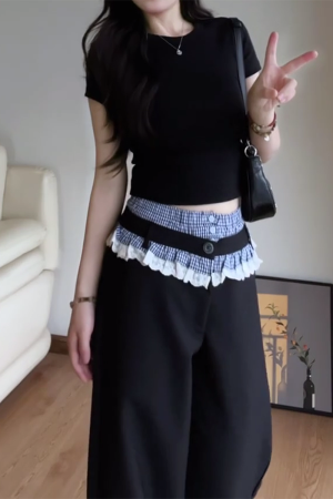 Vintage Plaid Patchwork Lace Suit Pants for Women - Loose Straight-Leg Wide-Leg Trousers for Spring and Autumn Fashion