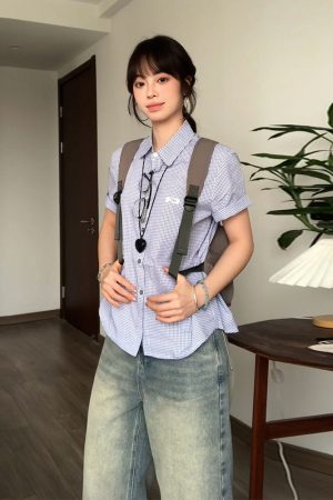 Vintage Plaid Short Sleeve Shirt for Women - Summer Loose Fit Lapel Top, Trendy Couple's Jacket, Stylish Casual Wear