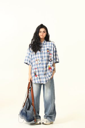 Vintage Plaid Short Sleeve Shirt for Women, Embroidered Design, Summer Casual Top, Versatile 90s Inspired Fashion