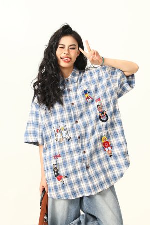Vintage Plaid Short Sleeve Shirt for Women, Embroidered Design, Summer Casual Top, Versatile 90s Inspired Fashion
