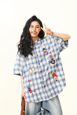 Vintage Plaid Short Sleeve Shirt for Women, Embroidered Design, Summer Casual Top, Versatile 90s Inspired Fashion