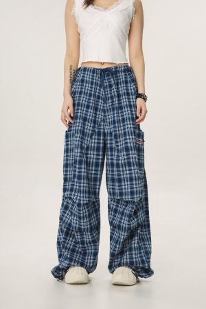 Vintage Plaid Workwear Casual Pants for Women - Loose Straight Wide-Leg BF Style, Perfect for 90s and Y2K Inspired Looks