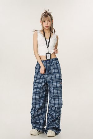 Vintage Plaid Workwear Casual Pants for Women - Loose Straight Wide-Leg BF Style, Perfect for 90s and Y2K Inspired Looks