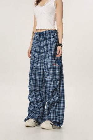 Vintage Plaid Workwear Casual Pants for Women - Loose Straight Wide-Leg BF Style, Perfect for 90s and Y2K Inspired Looks