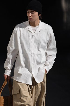 Vintage Pleated Cuban Collar Long Sleeve Shirt Jacket for Men and Women - Japanese Retro Loose Fit Spring Autumn Style