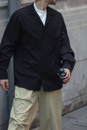 Vintage Pleated Cuban Collar Long Sleeve Shirt Jacket for Men and Women - Japanese Retro Loose Fit Spring Autumn Style