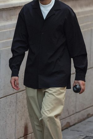 Vintage Pleated Cuban Collar Long Sleeve Shirt Jacket for Men and Women - Japanese Retro Loose Fit Spring Autumn Style