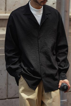 Vintage Pleated Cuban Collar Long Sleeve Shirt Jacket for Men and Women - Japanese Retro Loose Fit Spring Autumn Style