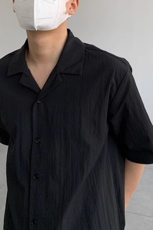 Vintage Pleated Cuban Collar Short Sleeve Shirt for Men, Summer Solid Color Loose Retro Casual Fashion Trend