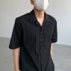 Vintage Pleated Cuban Collar Short Sleeve Shirt for Men, Summer Solid Color Loose Retro Casual Fashion Trend