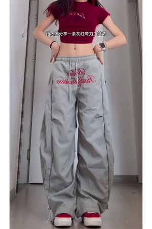 Vintage Pleated Curved Knife Work Pants for Women, Loose Wide-Leg Hip-Hop Street Style Casual Trousers, Y2K Fashion