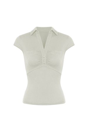 Vintage Pleated Waist Short-Sleeve Knit Top - Retro 90s Inspired Fashion Shirt