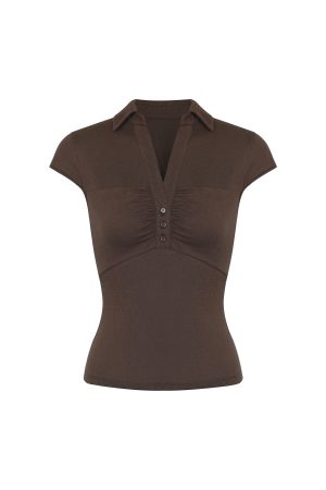 Vintage Pleated Waist Short-Sleeve Knit Top - Retro 90s Inspired Fashion Shirt