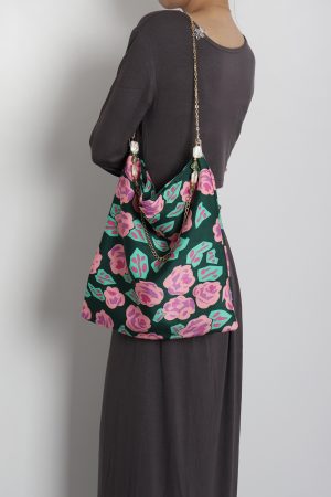 Vintage Polka Dot Rose Shoulder Bag for Women, High-Quality Faux Silk Tote, Chinese Style Niche Design