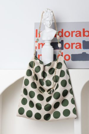 Vintage Polka Dot Rose Shoulder Bag for Women, High-Quality Faux Silk Tote, Chinese Style Niche Design