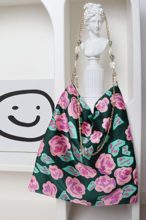 Vintage Polka Dot Rose Shoulder Bag for Women, High-Quality Faux Silk Tote, Chinese Style Niche Design