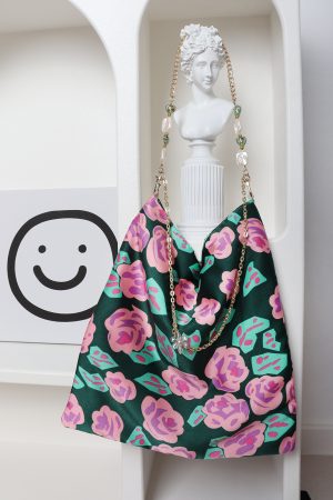 Vintage Polka Dot Rose Shoulder Bag for Women, High-Quality Faux Silk Tote, Chinese Style Niche Design