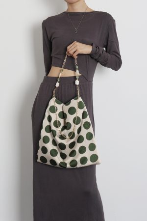 Vintage Polka Dot Rose Shoulder Bag for Women, High-Quality Faux Silk Tote, Chinese Style Niche Design