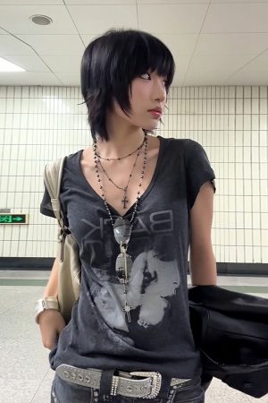 Vintage Portrait Print Shoulder T-Shirt for Women - Short Sleeve Slim Fit Summer Top in American Style