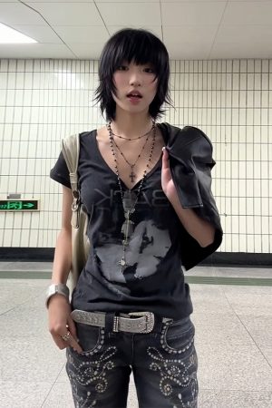 Vintage Portrait Print Shoulder T-Shirt for Women - Short Sleeve Slim Fit Summer Top in American Style