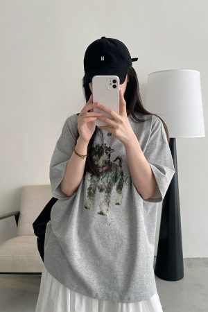 Vintage Printed Short Sleeve T-Shirt for Women - Summer Loose Cartoon Top in Sun Grapefruit Careless Snow Design