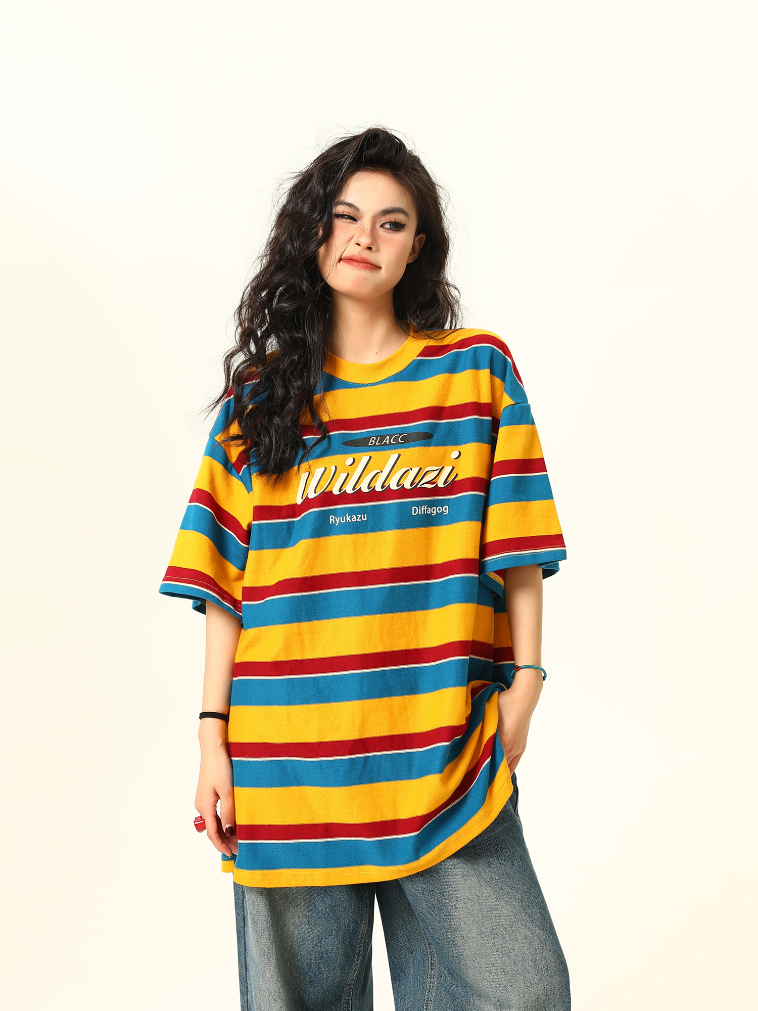 Vintage Rainbow Striped Short Sleeve T-Shirt for Women - Color Block Loose Fit Summer Top, 90s Inspired Fashion