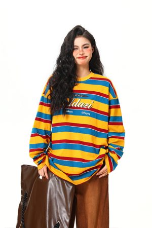 Vintage Rainbow Striped Short Sleeve T-Shirt for Women - Color Block Loose Fit Summer Top, 90s Inspired Fashion