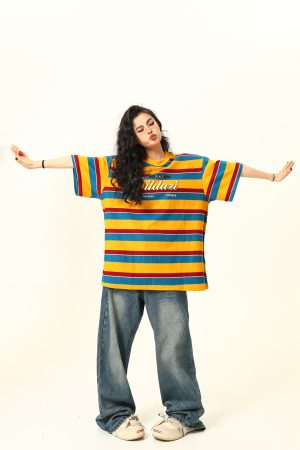 Vintage Rainbow Striped Short Sleeve T-Shirt for Women - Color Block Loose Fit Summer Top, 90s Inspired Fashion