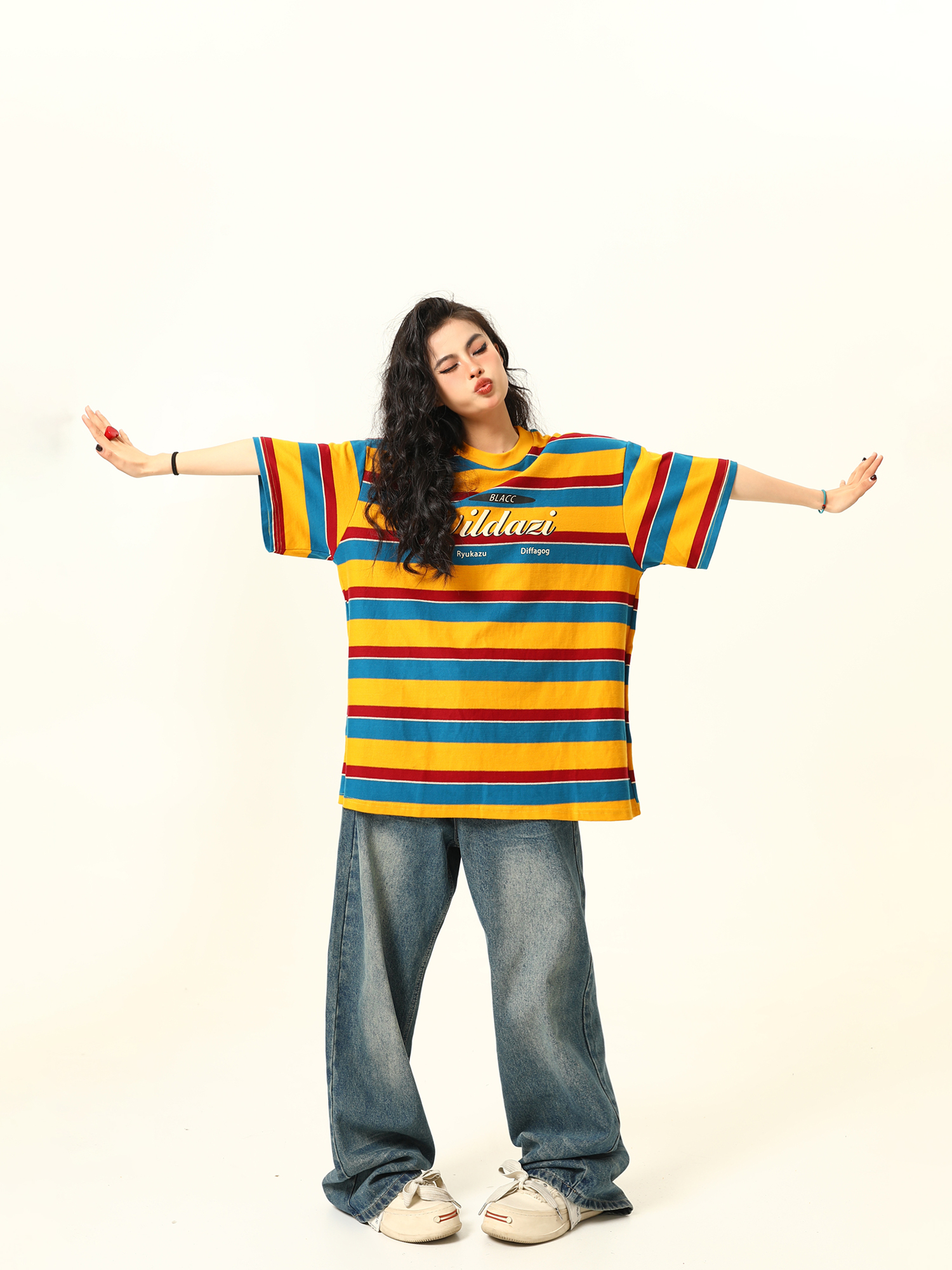 Vintage Rainbow Striped Short Sleeve T-Shirt for Women - Color Block Loose Fit Summer Top, 90s Inspired Fashion