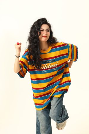 Vintage Rainbow Striped Short Sleeve T-Shirt for Women - Color Block Loose Fit Summer Top, 90s Inspired Fashion