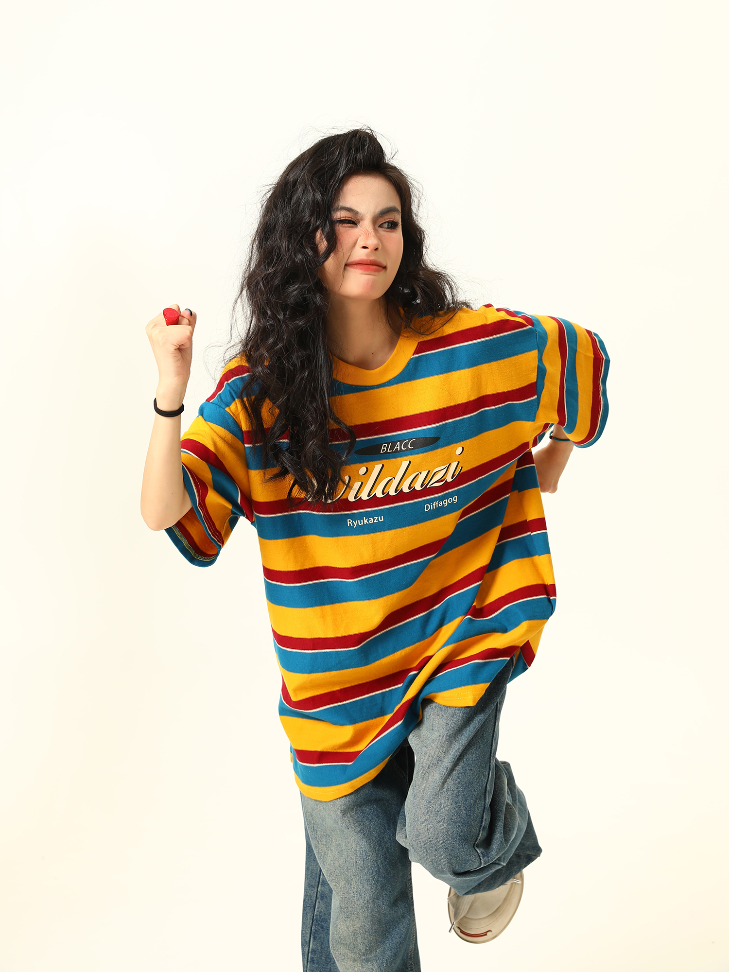 Vintage Rainbow Striped Short Sleeve T-Shirt for Women - Color Block Loose Fit Summer Top, 90s Inspired Fashion