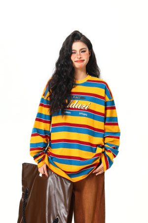 Vintage Rainbow Striped Short Sleeve T-Shirt for Women - Color Block Loose Fit Summer Top, 90s Inspired Fashion