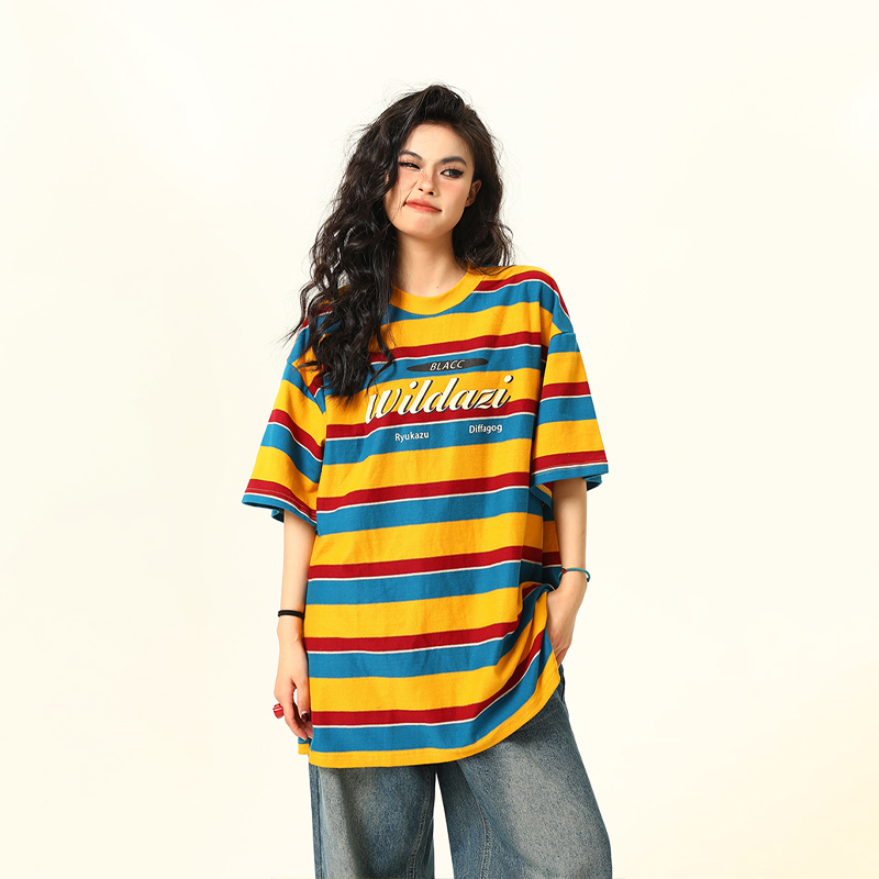 Vintage Rainbow Striped Short Sleeve T-Shirt for Women - Color Block Loose Fit Summer Top, 90s Inspired Fashion